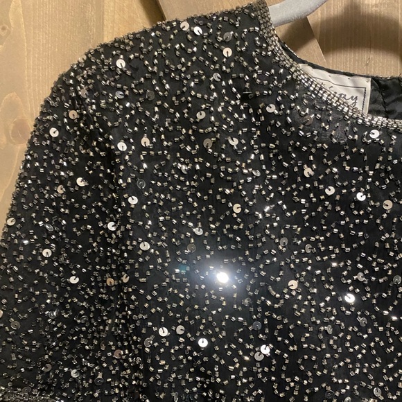 Stenay Formal Maxi Silk Gown Black Sequin Beaded Short Sleeve Sz 10 Vintage 80’s - Picture 7 of 16